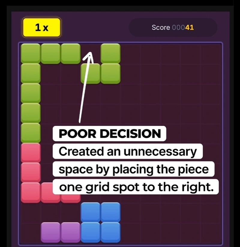 Block Champ game showing an example of a poor AI move that creates an unnecessary space on the grid.