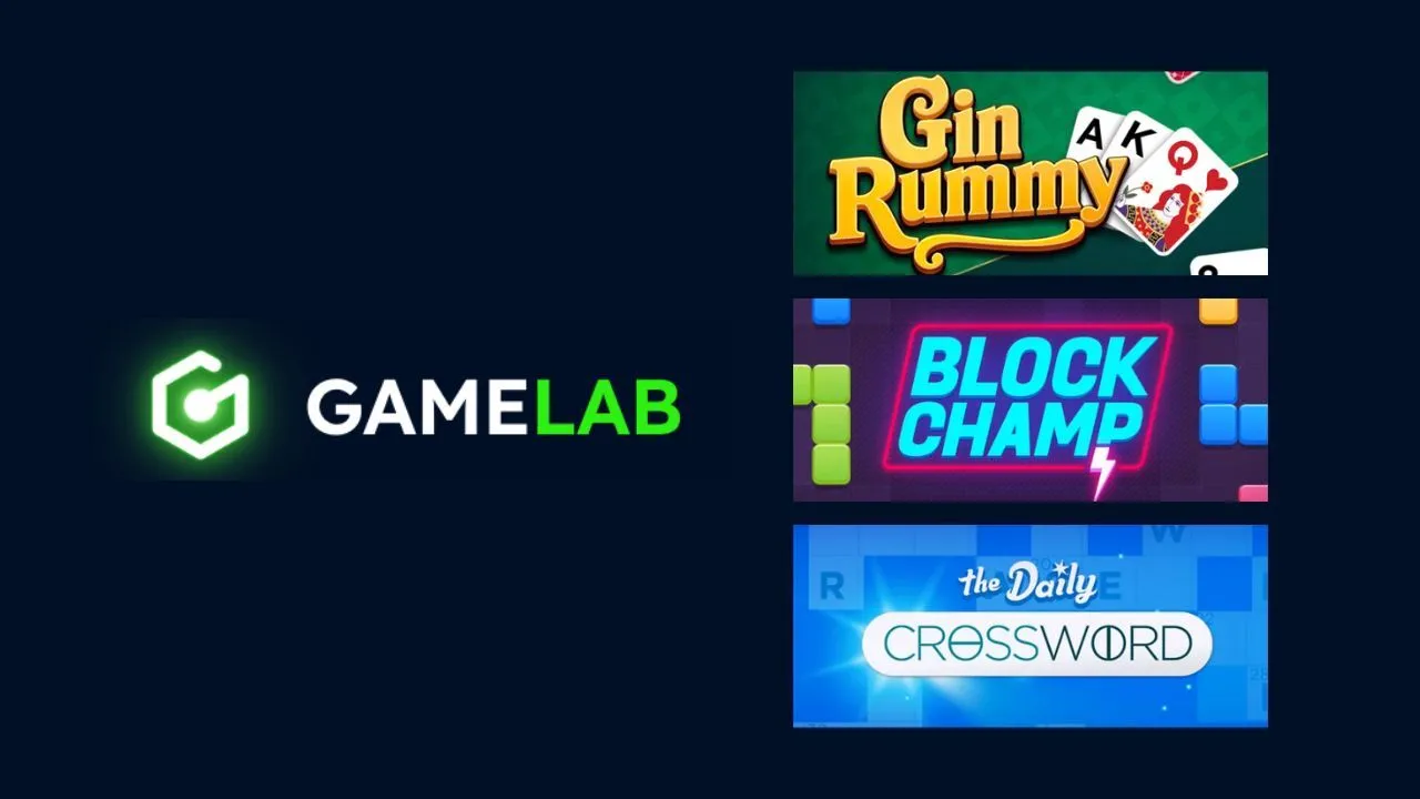 Arkadium GameLab logo alongside Gin Rummy, Block Champ, and The Daily Crossword game images.